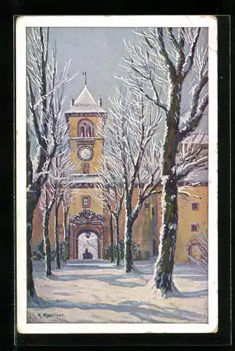 Künstler-AK Augustusburg, Schlosshof im Winter