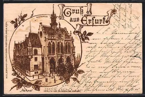 Holzbrand-Imitations-AK Erfurt, Rathaus aus der Vogelschau