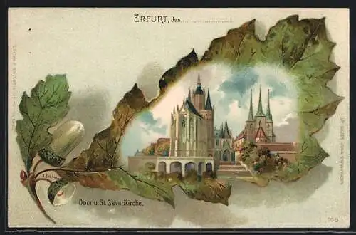 Passepartout-Lithographie Erfurt, Dom und Severikirche im Eichenblatt
