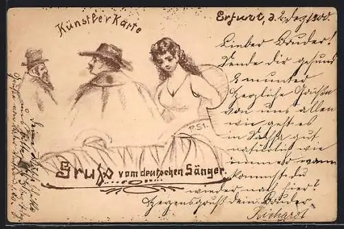 Künstler-AK Erfurt, Gruss vom deutschen Sänger, Zwei Herren und eine junge Dame