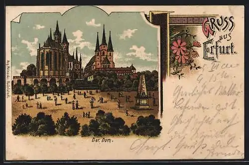 Lithographie Erfurt, Der Dom mit Passanten
