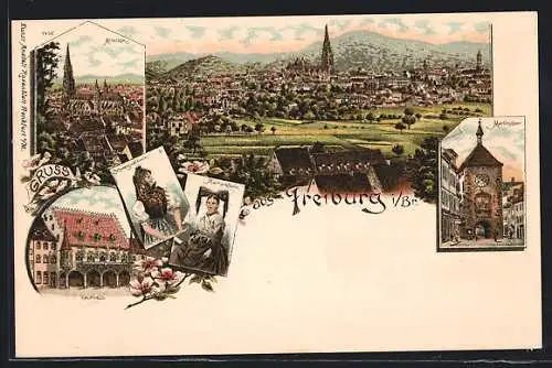 Lithographie Freiburg i. Br., Kaufhaus, Martinsthor, Teilansicht der Stadt