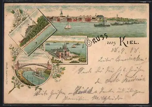 Lithographie Kiel, Seegarten, Hochbrücke Levensau, Stadtpanorama mit Schiffen