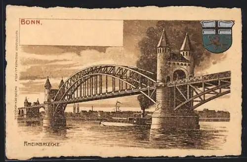Lithographie Bonn, Rheinbrücke mit Wappen