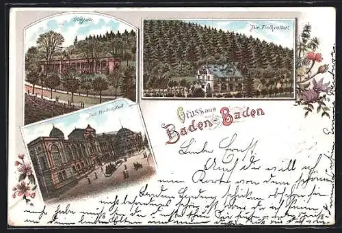 Lithographie Baden-Baden, Trinkhalle, Das Friedrichsbad, Die Fischcultur, Blumenverzierung