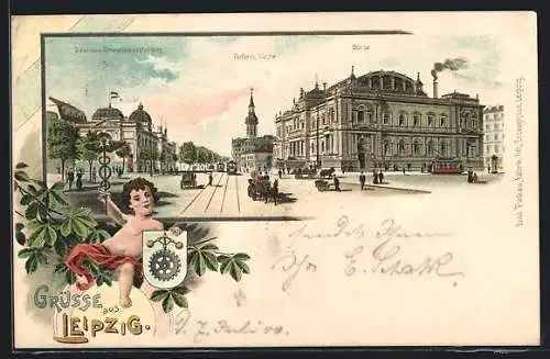 Lithographie Leipzig, Partie an der Börse mit Reformierter Kirche und Dauernder Gewerbeausstellung, Strassenbahn