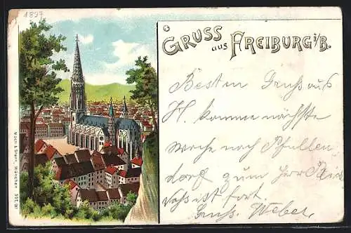 Lithographie Freiburg i. B., Teilansicht mit Kirche aus der Vogelschau