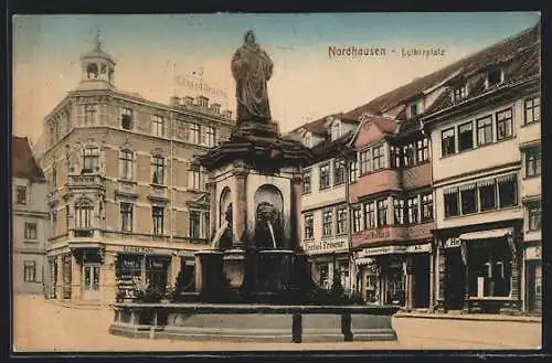 AK Nordhausen, Lutherplatz mit Lutherdenkmal und Geschäften