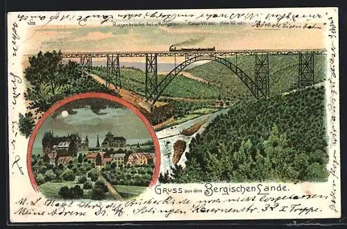 Lithographie Müngsten, Riesenbrücke mit Umgebung, Schloss Burg an der Wupper
