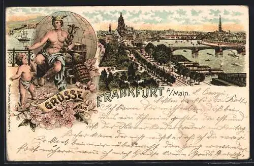 Lithographie Frankfurt a. M., Ortsansicht mit Mainbrücken, Figur mit Wikingerhelm u. Doppel-Schlangenstab vor Weltkugel