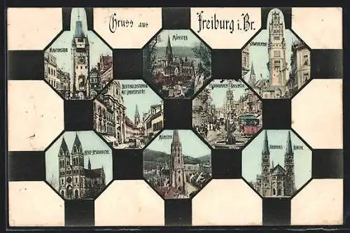 AK Freiburg i. Br., Schwabentor, Martinstor, Herz-Jesukirche