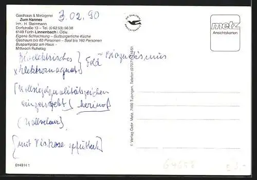 AK Fürth-Linnenbach i. Odw., Gasthaus & Metzgerei Zum Hannes, Innenansichten