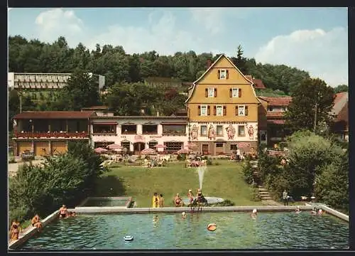 AK Gras-Ellenbach, Hotel Siegfriedbrunnen, Schwimmbad, Badegäste