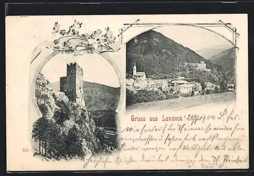 Passepartout-AK Landeck, Burg mit Umgebung, Ortsansicht mit Bergen, Blumen