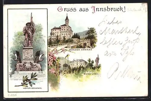 Lithographie Innsbruck, Hofer-Denkmal, Schloss Ambras, Berg Isel um 1900