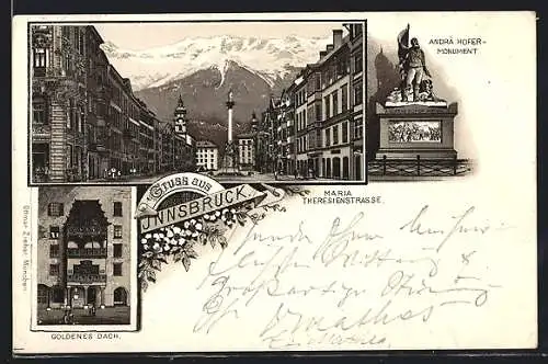 Lithographie Innsbruck, Ortspartie mit Denkmal, Andrä Hofer-Monument, Goldenes Dach, Alpen
