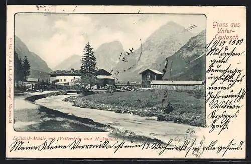 AK Unter-Leutasch, Leutasch-Mühle mit Wetterstein und Hochmunat