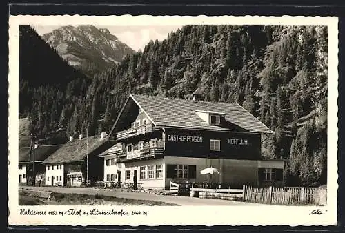 AK Haldensee, Gasthof-Pension Rot-Flüh mit Litnisschrofen