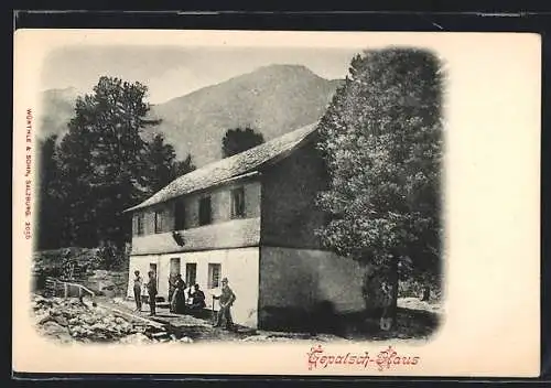 AK Gepatsch-Haus, Ortsansicht mit Wanderern und Bergpanorama