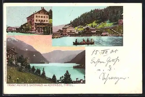 AK Achensee /Tirol, Franz Meyers Gasthaus mit Ruderpartie und Bergpanorama