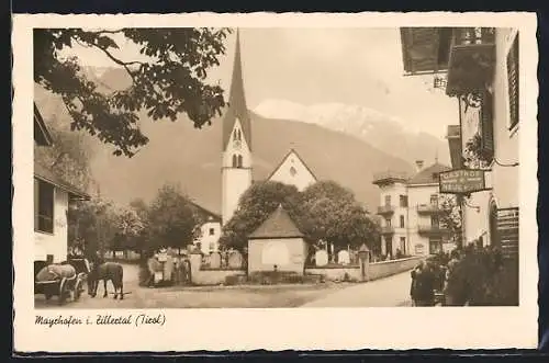AK Mayrhofen i. Zillertal, Ortspartie mit Gasthof Neue Post