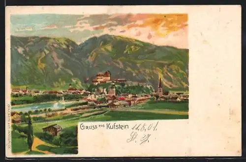 Lithographie Kufstein, Gesamtansicht mit Gewässer und Bergpanorama