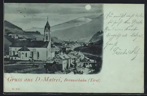 Mondschein-AK Matrei /Brennerbahn, Ortsansicht mit Kirche und Blick in die Berge