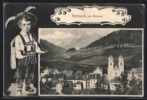 Passepartout-AK Steinach am Brenner, Teilansicht mit Feldern und Bergpanorama, Trachtenbub
