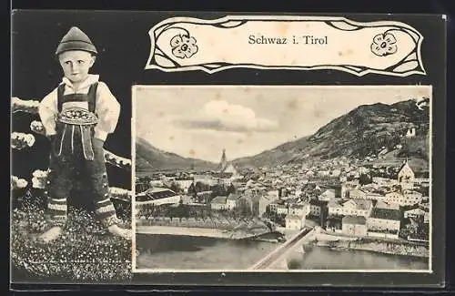 AK Schwaz, Panoramablick auf die Ortschaft, Steppke in Lederhosen