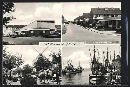 AK Wittmund /Ostfr., Bremer Strasse mit Spar-Markt, Hafen, Schule