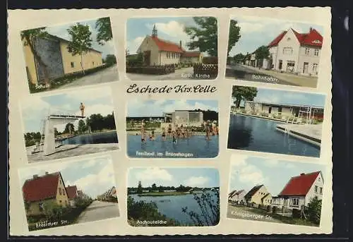 AK Eschede /Celle, Schule, Breslauer Strasse, Freibad Brunshagen