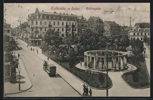 AK Karlsruhe i. B., Stefanplatz mit Brunnen und Kutsche