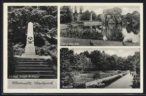 AK Chemnitz, Rosarium im Stadtpark, E. O. Clauss Schöpfer der Anlagen, Am grossen Teich