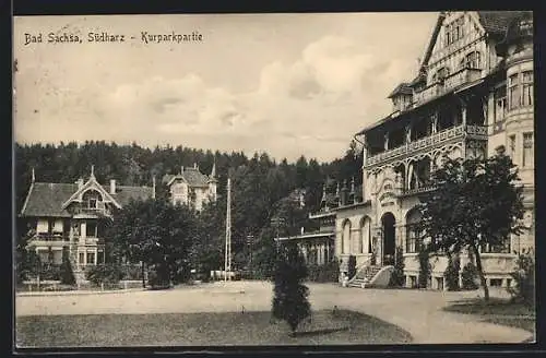 AK Bad Sachsa /Südharz, Kurparkpartie mit Hotel Schützenhaus