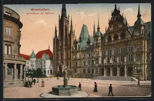 AK Wiesbaden, Schlossplatz mit Rathaus