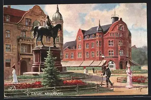 Künstler-AK Erfurt, Kaiserplatz mit Denkmal