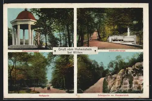 AK Witten, Haarmanntempel auf dem Hohenstein, Dönhoffbrunnen, Parkpartie, Felsenpartie am Hammerteich