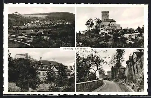 AK Gamburg, Ortsansicht aus der Vogelschau, Caritas-Erholungsheim, Schloss Gamburg