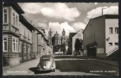 AK Weingarten / Württ., Abt-Hyller-Str. mit Basilika, Neues Theater