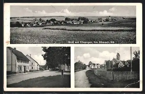 AK Ellwangen /Krs. Biberach, Geschäft, Kirche, Teilansicht