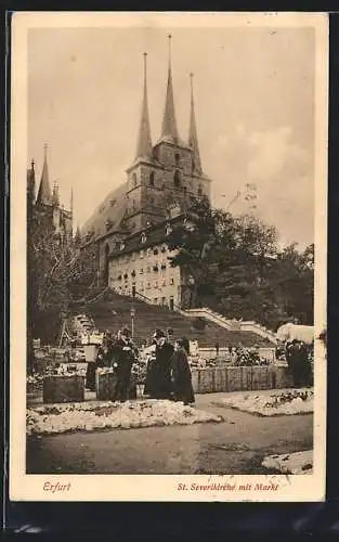 AK Erfurt, Sicht auf die St. Severikirche mit Markt
