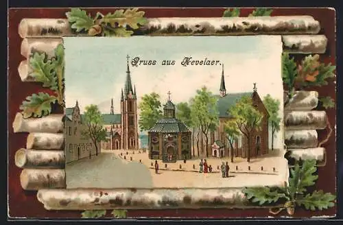 Künstler-AK Kevelaer, Kirche und Kapelle in Baumstämmen, Passepartout