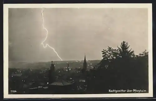 AK Pforzheim, Teilansicht mit Kirche bei Nachtgewitter