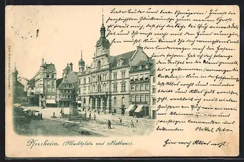 AK Pforzheim, Marktplatz und Rathaus mit Denkmal