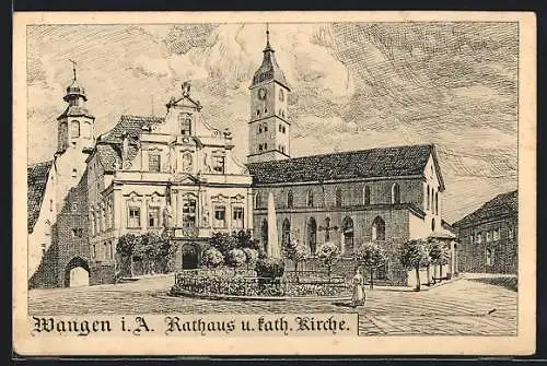 Künstler-AK Wangen i. A., Rathaus und katholische Kirche