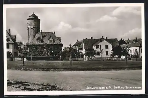 AK Schwenningen a. N., Blick in die Siedlung Sauerwasen, Wasserturm