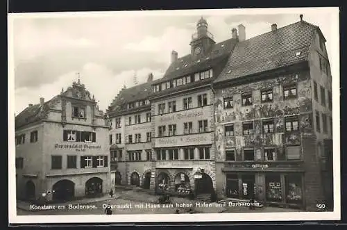 AK Konstanz, Obermarkt mit Haus zum Hohen Hafen und Barbarossa