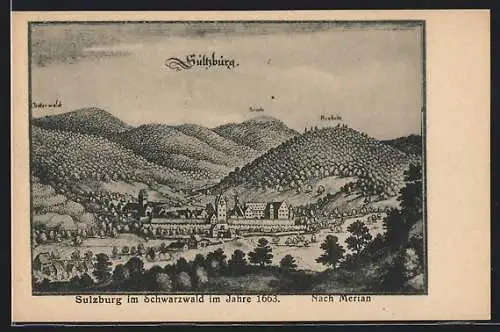Künstler-AK Sulzburg im Schwarzwald, Teilansicht mit Sirnitz im Jahre 1663 nach Merian