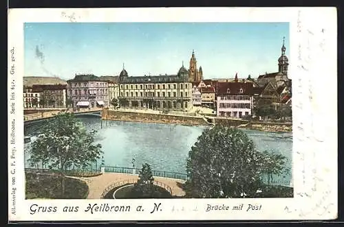 AK Heilbronn a. N., Teilansicht mit Brücke und Post