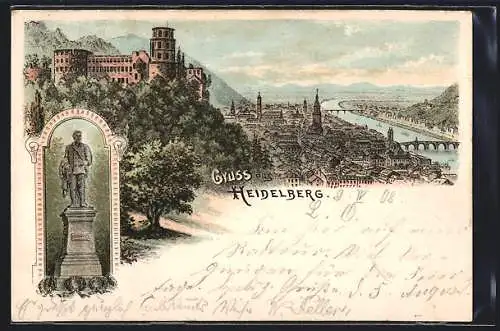 Lithographie Heidelberg, Gesamtansicht mit Scheffel-Denkmal